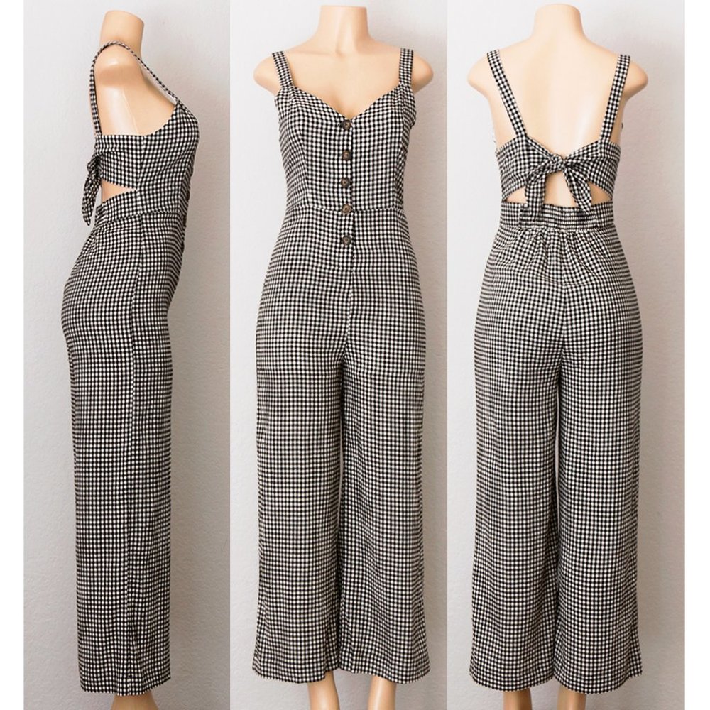 NEW Gingham Plaid Button Front Tie Back Jumpsuits - Picture 3 of 11